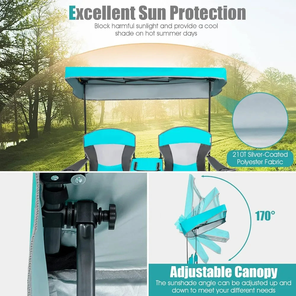 Camping Chair with Adjustable Shade Canopy, Cooler Bag, 2 Cup Holders, Carrying Bag