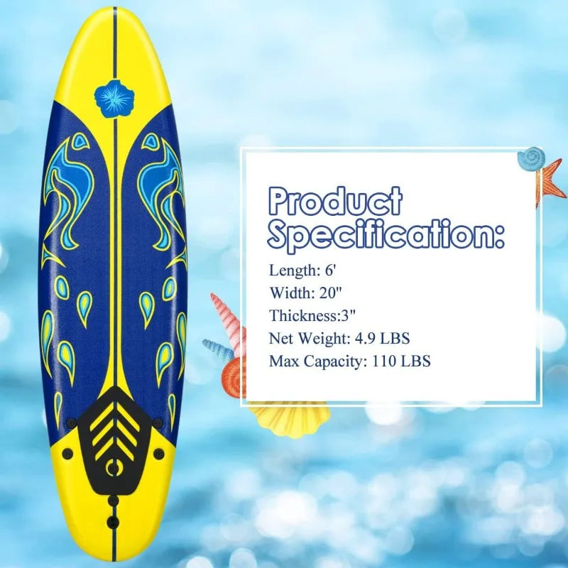 6 Ft Stand Up Surfing Board with 3 Detachable Fins, Safety Leash,