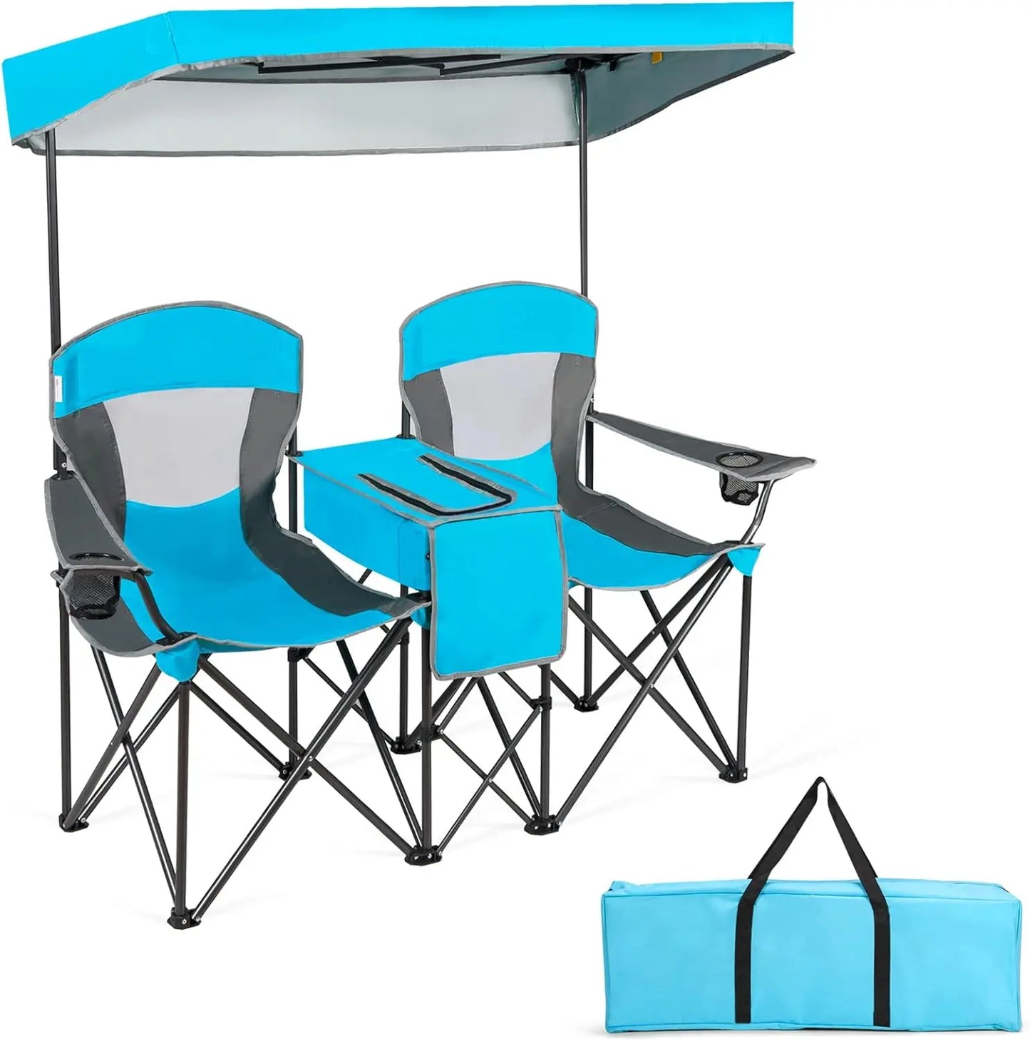 Camping Chair with Adjustable Shade Canopy, Cooler Bag, 2 Cup Holders, Carrying Bag