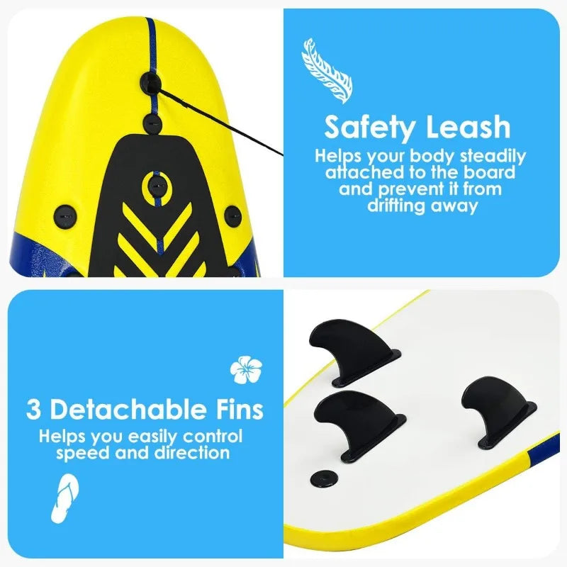 6 Ft Stand Up Surfing Board with 3 Detachable Fins, Safety Leash,