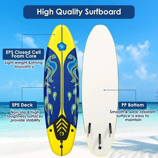 6 Ft Stand Up Surfing Board with 3 Detachable Fins, Safety Leash,