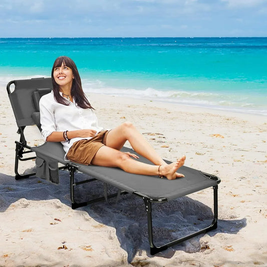 Beach Chaise Lounge Chair with Hole for Face, Patio Folding Adjustable Reclining Beach Sunbathing Chair with Side Pocket