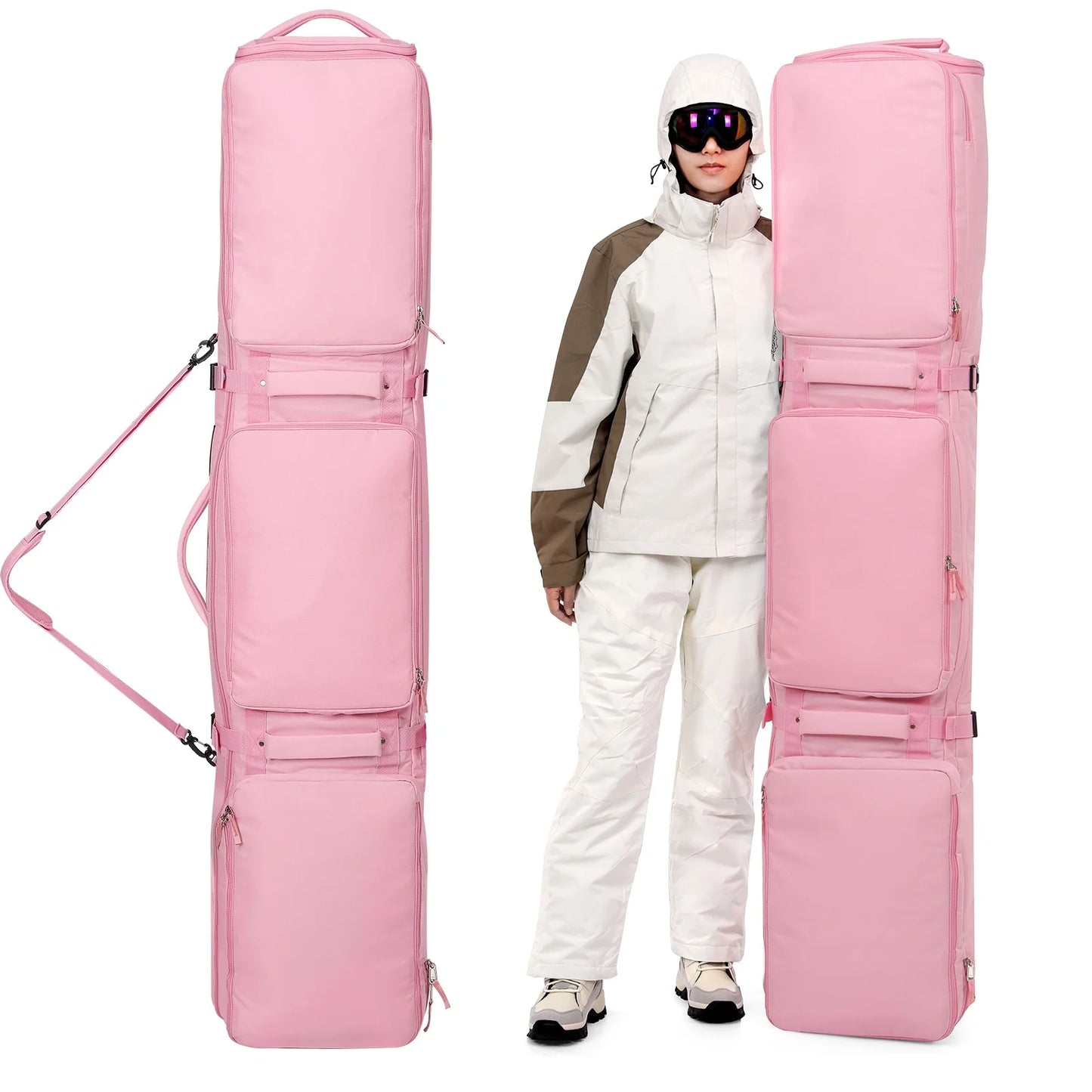 Pink/Black Skiing Bag with Rolling Wheel Padded Polyester