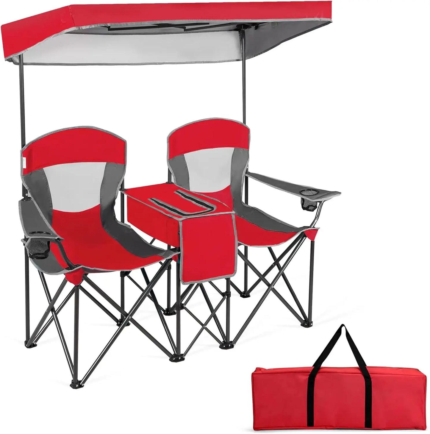 Camping Chair with Adjustable Shade Canopy, Cooler Bag, 2 Cup Holders, Carrying Bag
