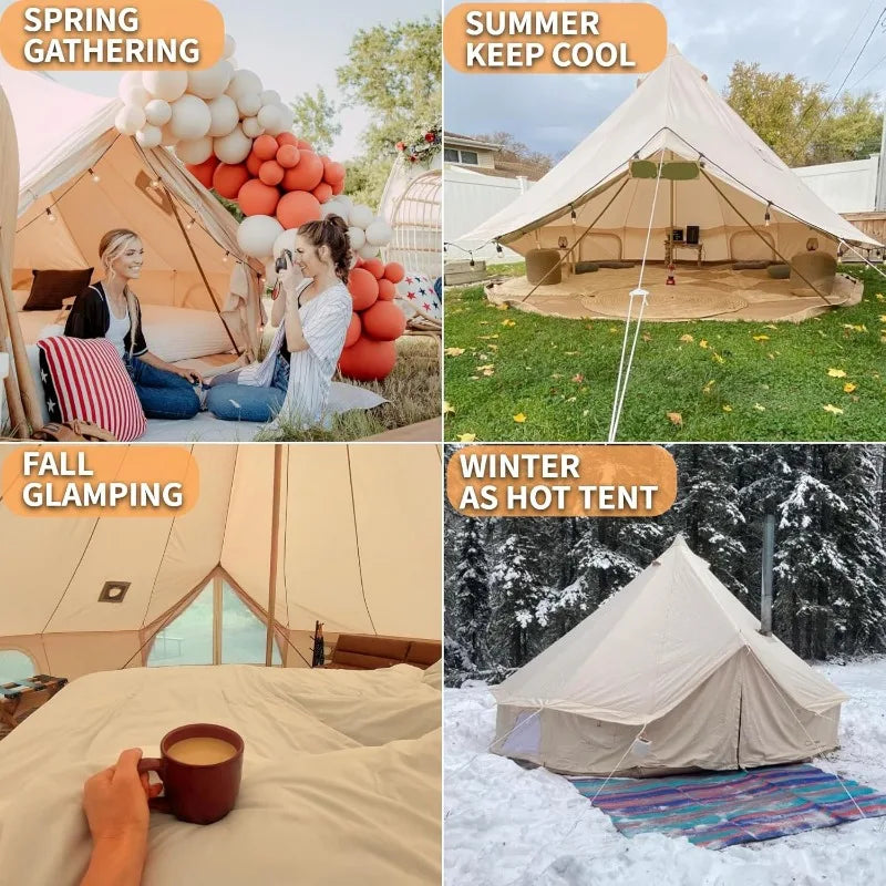 4 Season Canvas Bell Tent with 2 Stove Jacks, 4/6/8 Person