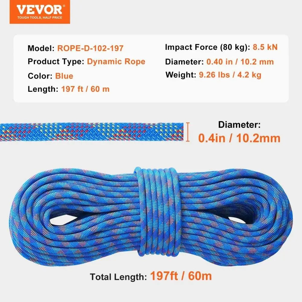 Climbing Rope 10.2mm 60M 25KN Steel Snap Hooks