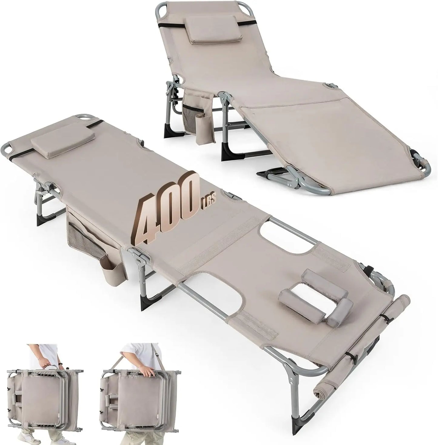 Tanning Chair, 400LBS Lounge w/Face Arm Hole & Hand Shoulder Strap