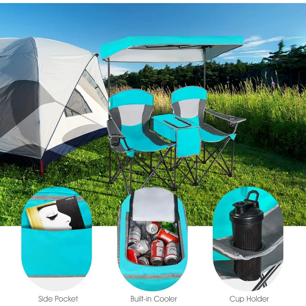 Camping Chair with Adjustable Shade Canopy, Cooler Bag, 2 Cup Holders, Carrying Bag