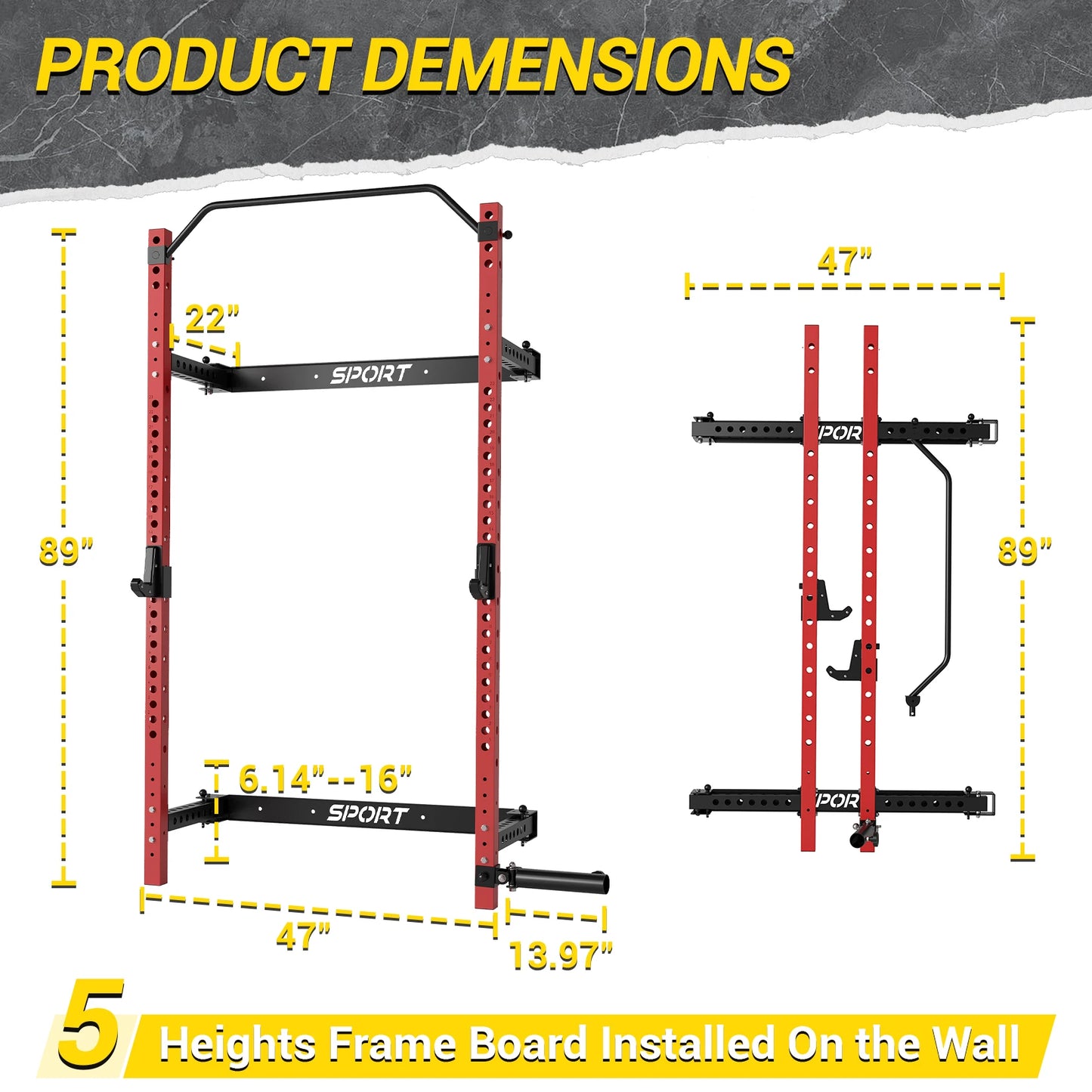 Folding Squat Rack for Home Gym, with Pull Up Bar, J Hooks and Landmine Attachments, 1000 LBS Wall Mounted