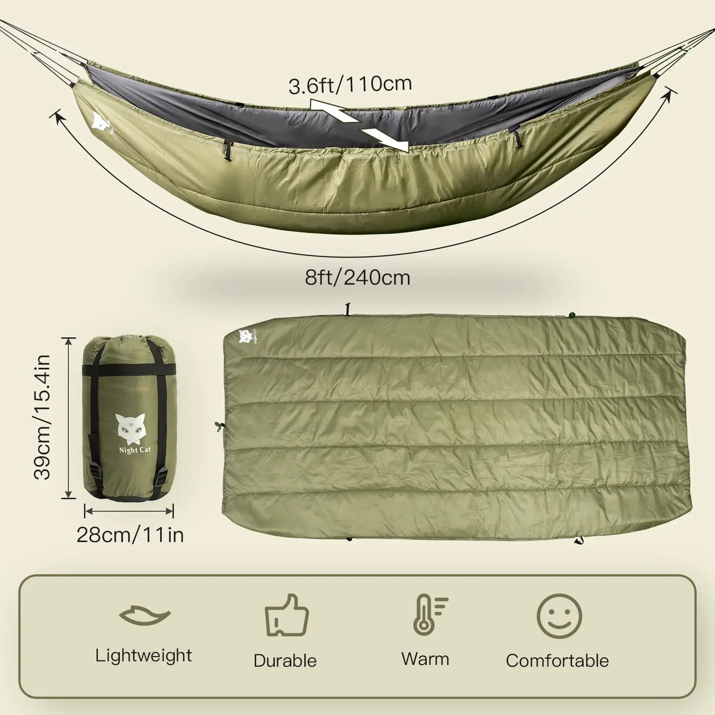 Night Hammock Underquilts Sleeping Bag Insulated 4 Seasons 5-20℃ 8x3.6ft