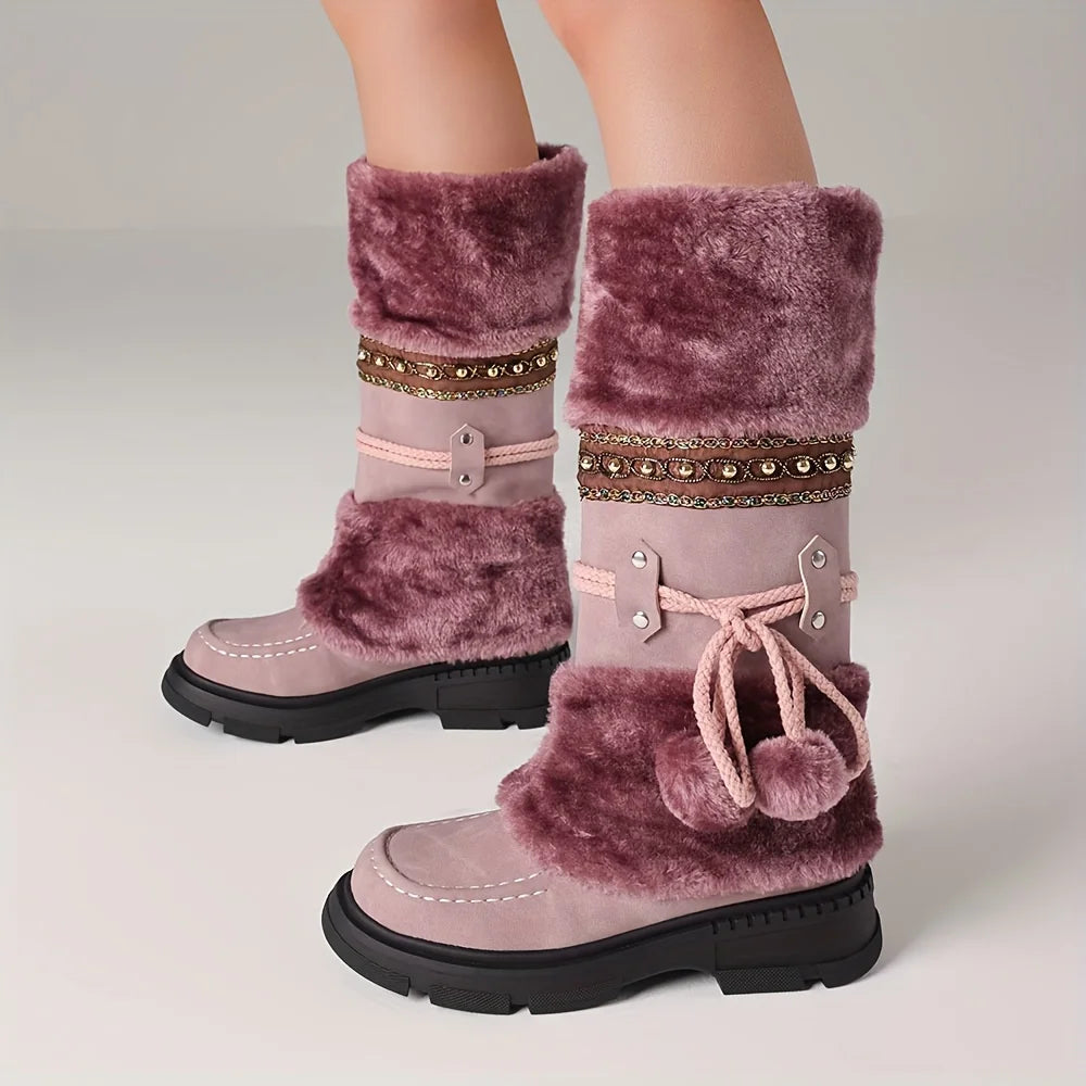 Winter Furry Knee High Snow Boots Platform Chunky Heels Warm Faux Fur Lining Pull On