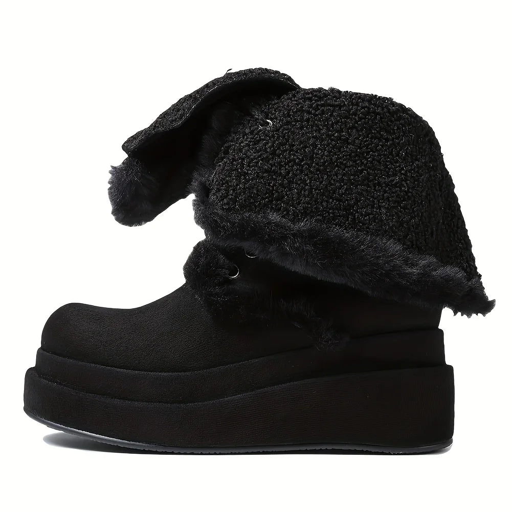 Winter Warm Faux Fur Mid Calf Snow Boots Platform Wedges  Side Zipper Lace-up Boots for Women