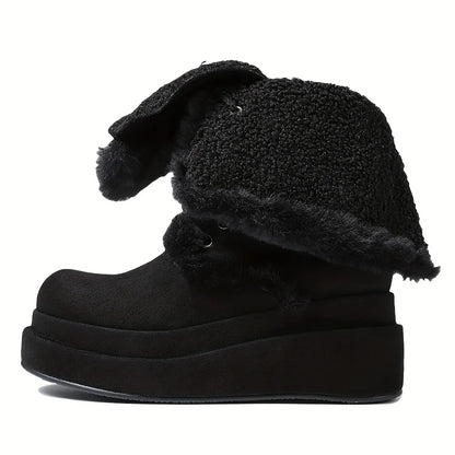 Winter Warm Faux Fur Mid Calf Snow Boots Platform Wedges  Side Zipper Lace-up Boots for Women