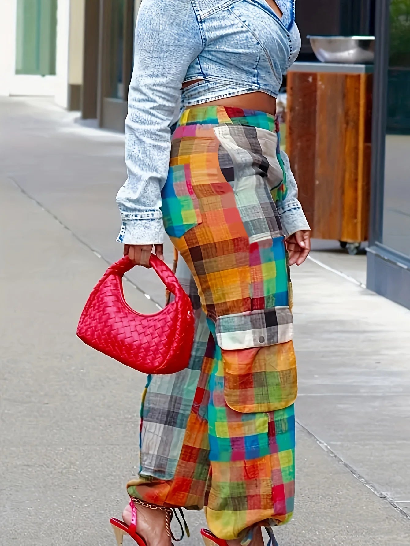 Street Contrast  Patchwork Pockets Button Zipper Loose High Waist Wide Leg Pants