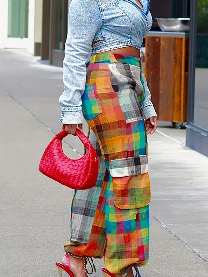 Street Contrast  Patchwork Pockets Button Zipper Loose High Waist Wide Leg Pants