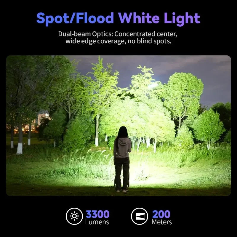 Rechargeable Dual Switch 3300LM 6500K Flashlight UV 365nm EDC Light 21700 USB C