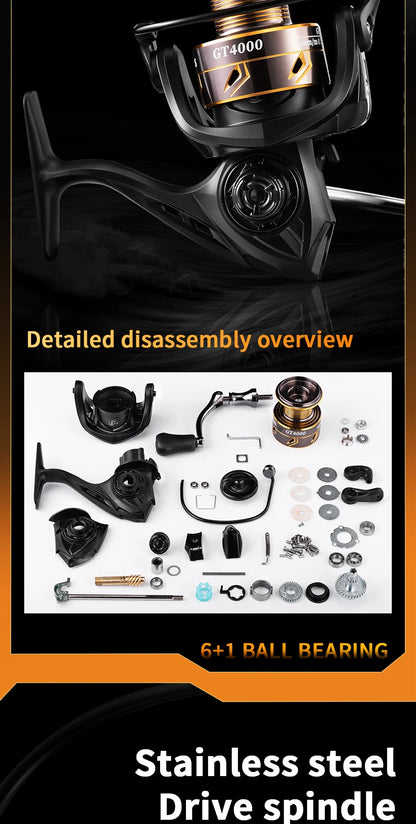 GT 2000-7000 Spinning Reel 6+1BB 5.2:1 Alloy Spool Anti Reverse Smooth Drag for Freshwater/Saltwater