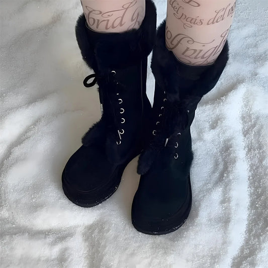 Winter Warm Faux Fur Mid Calf Snow Boots Platform Wedges  Side Zipper Lace-up Boots for Women