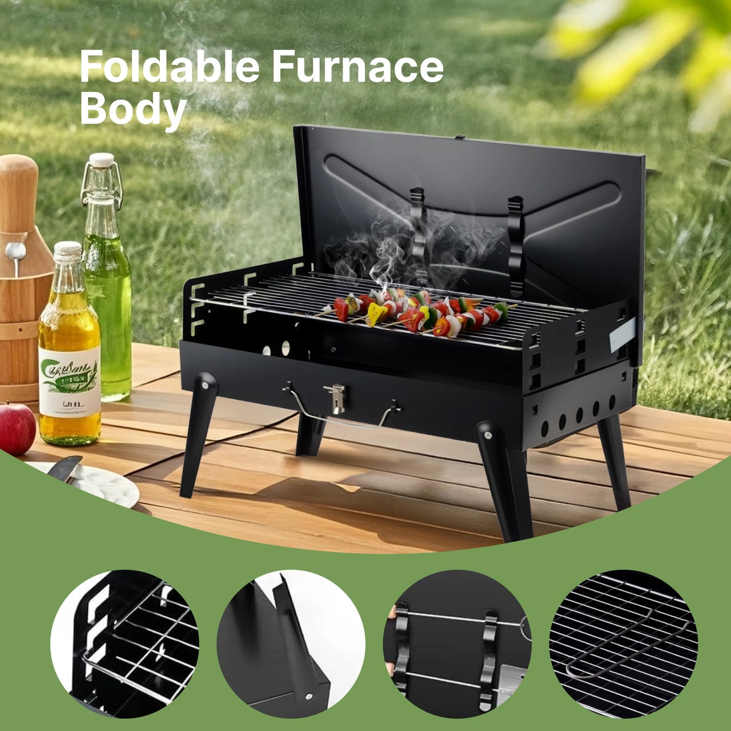 Portable Charcoal Grill, Foldable with Adjustable Heights, Durable & Compact, Easy to Clean