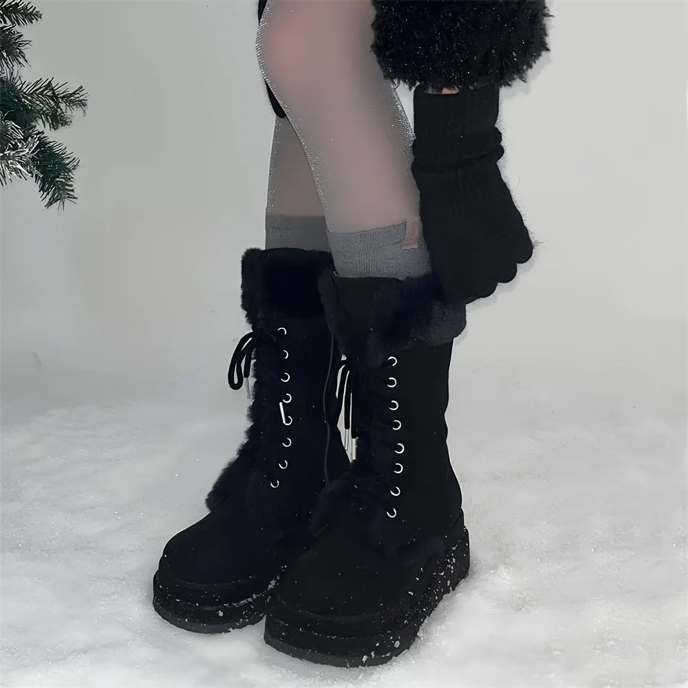Winter Warm Faux Fur Mid Calf Snow Boots Platform Wedges  Side Zipper Lace-up Boots for Women