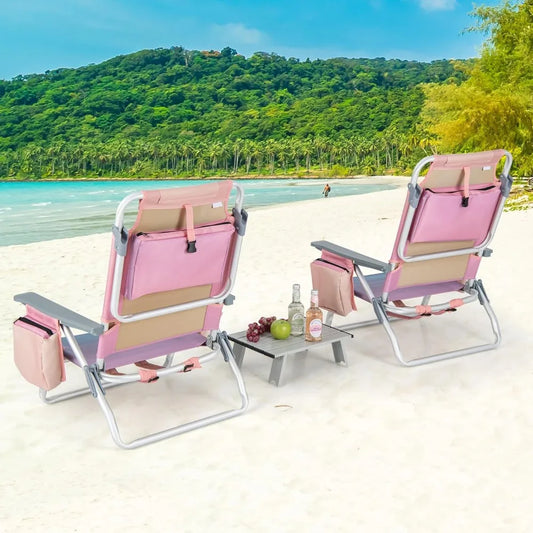 Folding Backpack Beach Chairs with  Head Pillow, Cooler Bag, Towel Bar, Cup Holders,