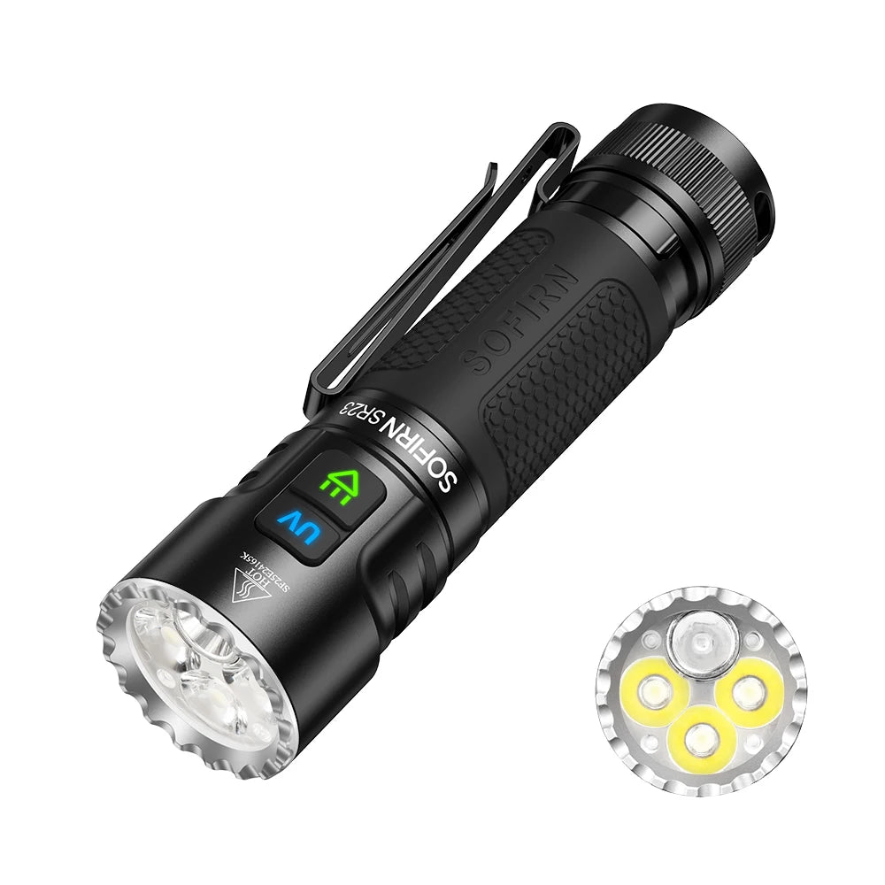 Rechargeable Dual Switch 3300LM 6500K Flashlight UV 365nm EDC Light 21700 USB C