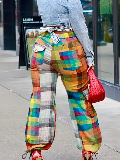 Street Contrast  Patchwork Pockets Button Zipper Loose High Waist Wide Leg Pants