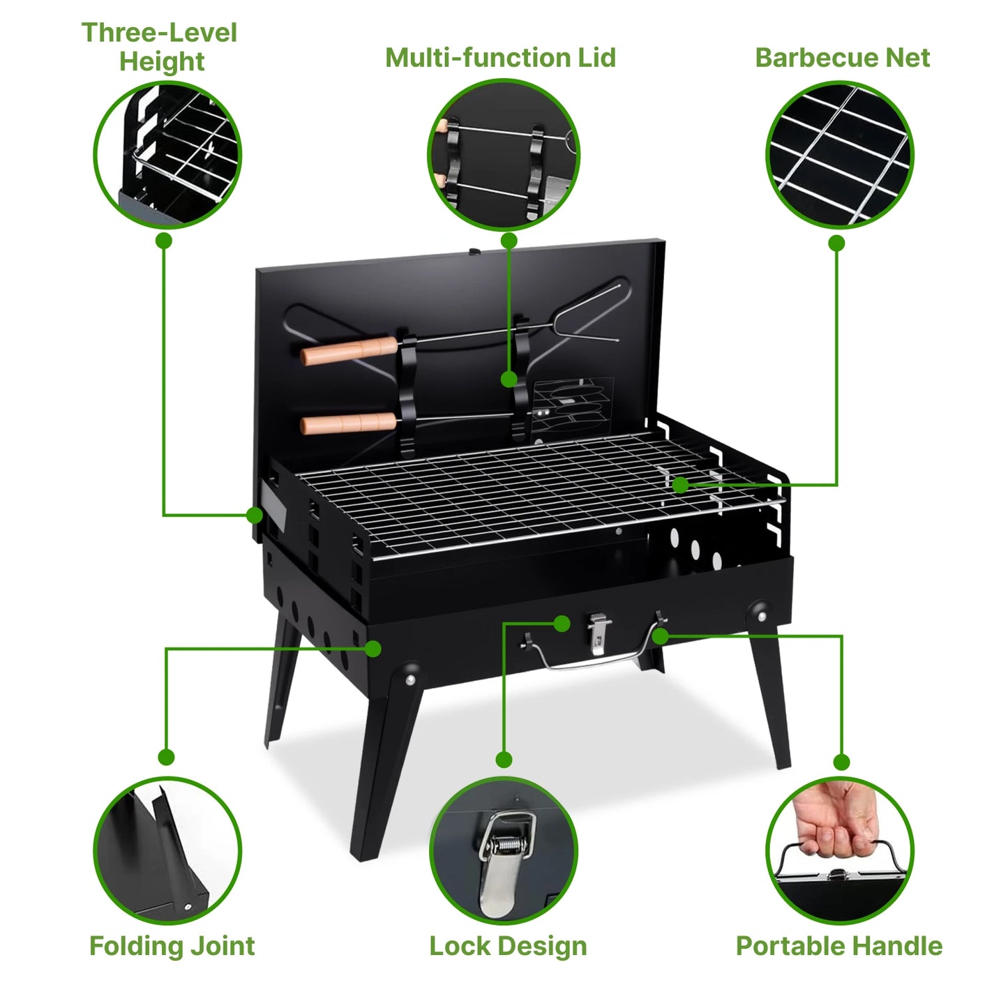 Portable Charcoal Grill, Foldable with Adjustable Heights, Durable & Compact, Easy to Clean
