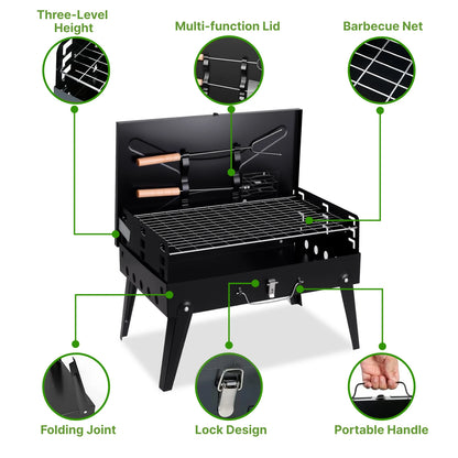 Portable Charcoal Grill, Foldable with Adjustable Heights, Durable & Compact, Easy to Clean