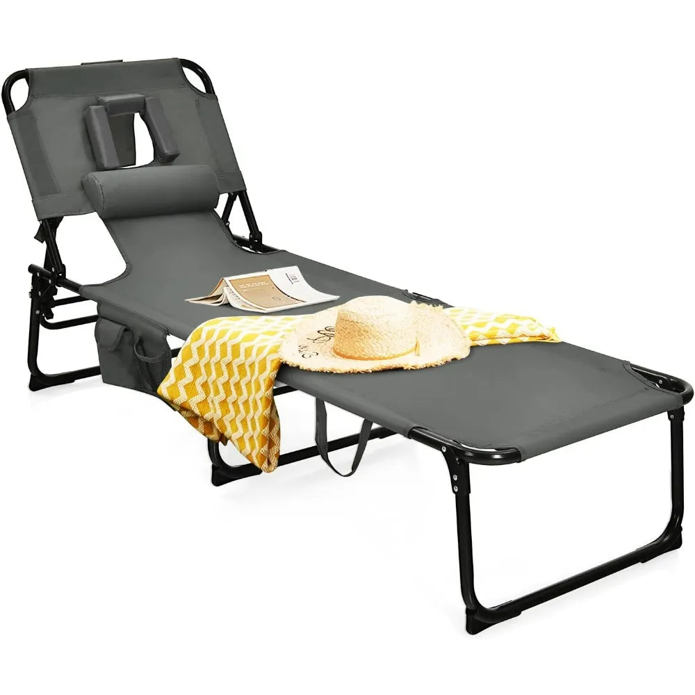 Beach Chaise Lounge Chair with Hole for Face, Patio Folding Adjustable Reclining Beach Sunbathing Chair with Side Pocket