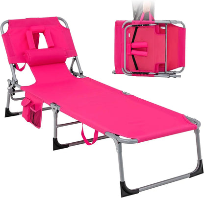 Beach Chaise Lounge Chair with Hole for Face, Patio Folding Adjustable Reclining Beach Sunbathing Chair with Side Pocket