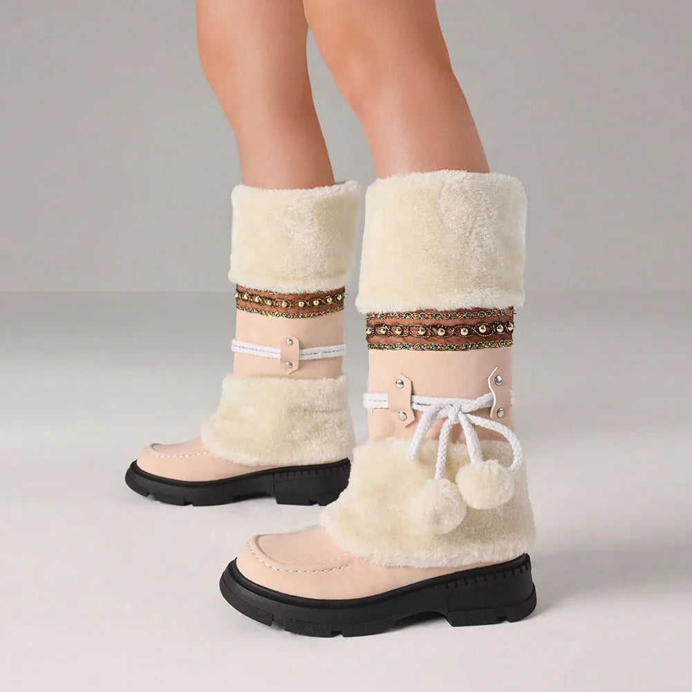 Winter Furry Knee High Snow Boots Platform Chunky Heels Warm Faux Fur Lining Pull On