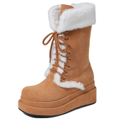 Winter Warm Faux Fur Mid Calf Snow Boots Platform Wedges  Side Zipper Lace-up Boots for Women