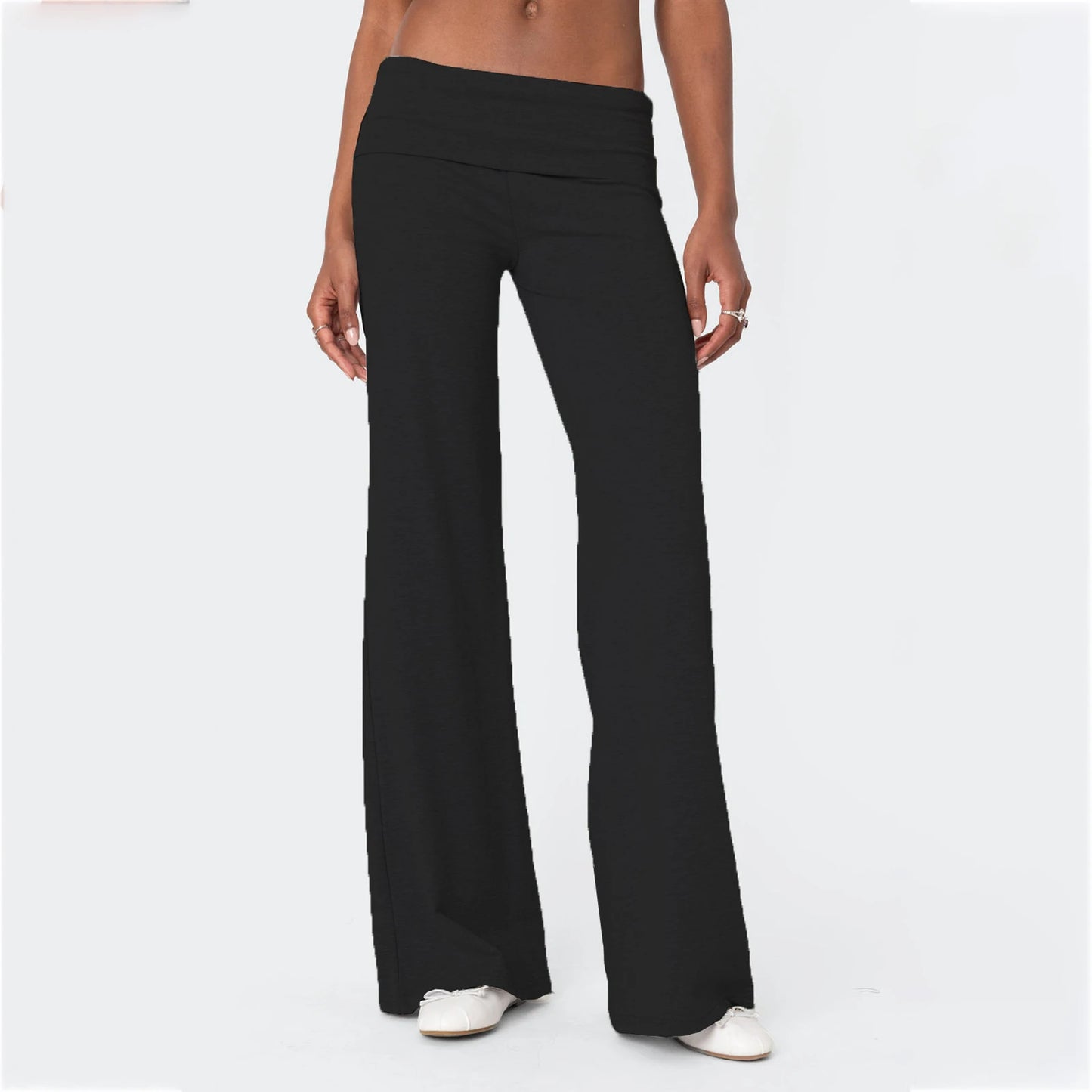 Casual Wide Leg Sweatpants for Women Fold Over Low Rise Flare