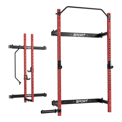 Folding Squat Rack for Home Gym,  with Pull Up Bar, J Hooks and Landmine Attachments, 1000 LBS Wall Mounted