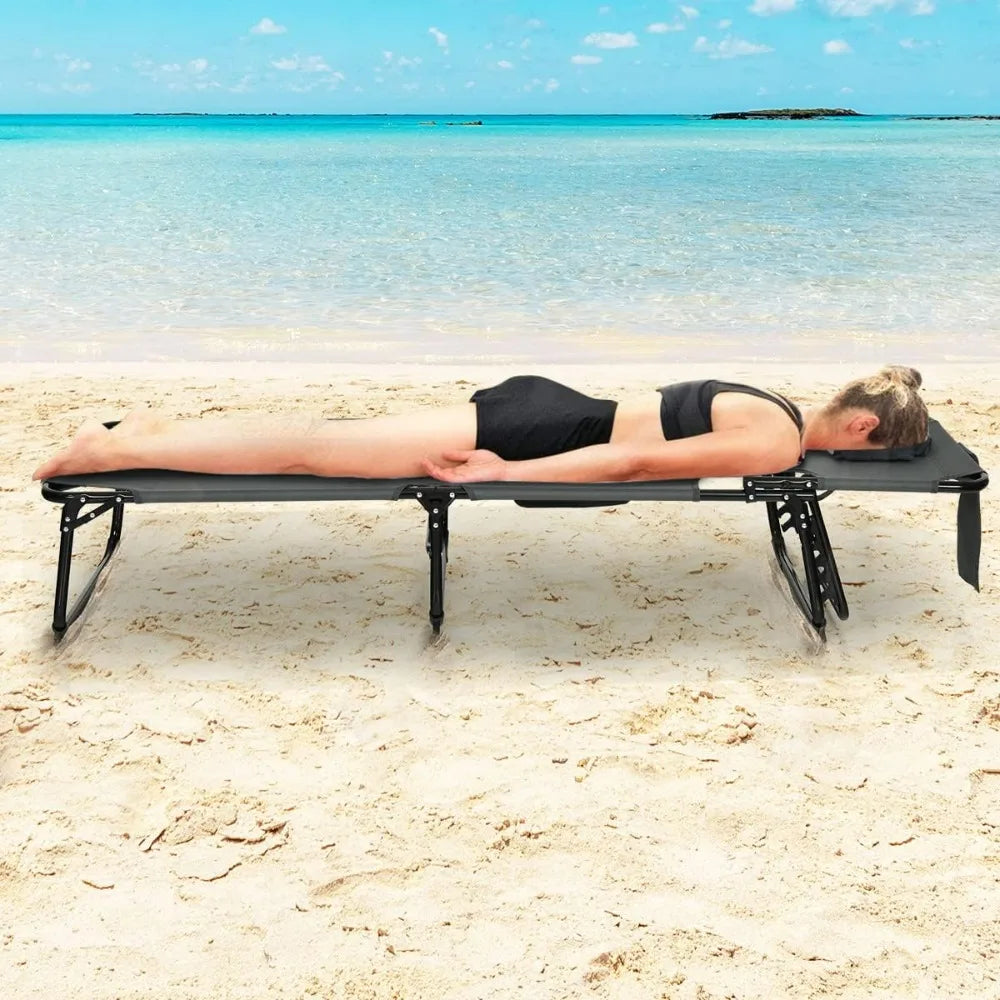 Beach Chaise Lounge Chair with Hole for Face, Patio Folding Adjustable Reclining Beach Sunbathing Chair with Side Pocket
