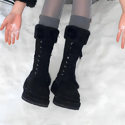 Winter Warm Faux Fur Mid Calf Snow Boots Platform Wedges  Side Zipper Lace-up Boots for Women
