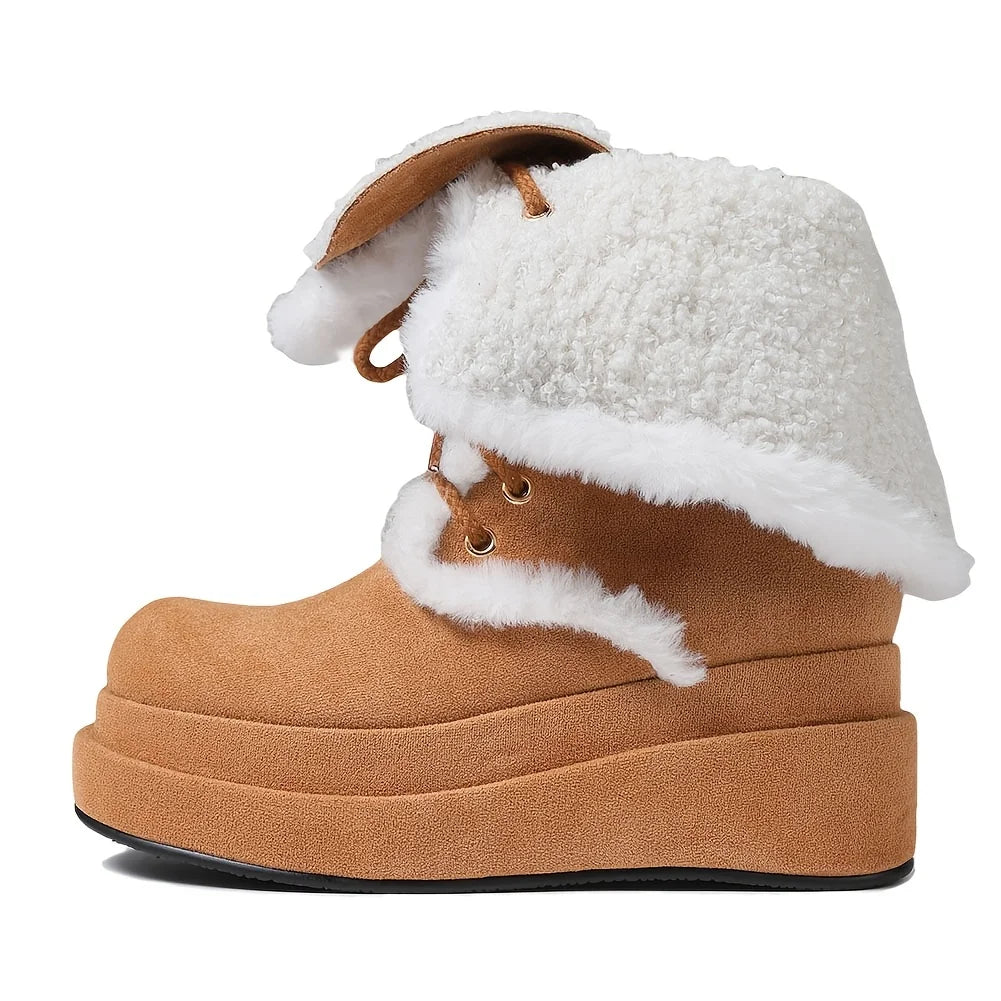 Winter Warm Faux Fur Mid Calf Snow Boots Platform Wedges  Side Zipper Lace-up Boots for Women