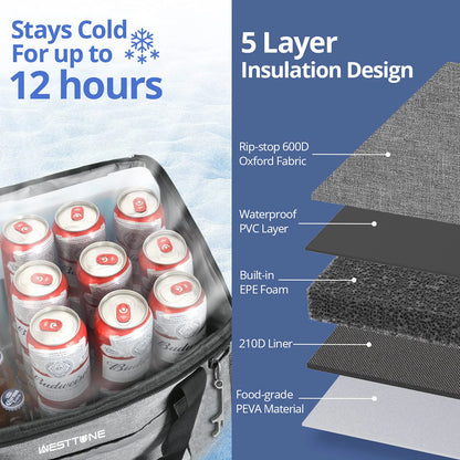 WESTTUNE 75 Cans Soft Cooler Bag Collapsible Cooler Ice Chest Large Leakproof Camping Cooler Portable Cooler for Travel Beach