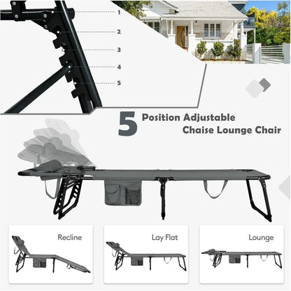 Beach Chaise Lounge Chair with Hole for Face, Patio Folding Adjustable Reclining Beach Sunbathing Chair with Side Pocket