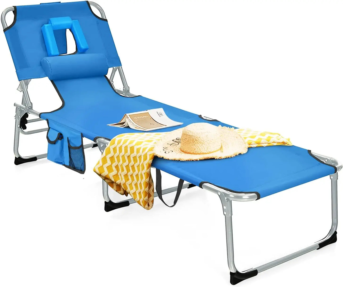 Beach Chaise Lounge Chair with Hole for Face, Patio Folding Adjustable Reclining Beach Sunbathing Chair with Side Pocket
