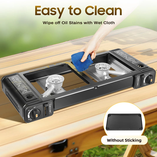 2in1 2-Burner Portable Stove, Kit w/Baking Pan and Carrying Case,
