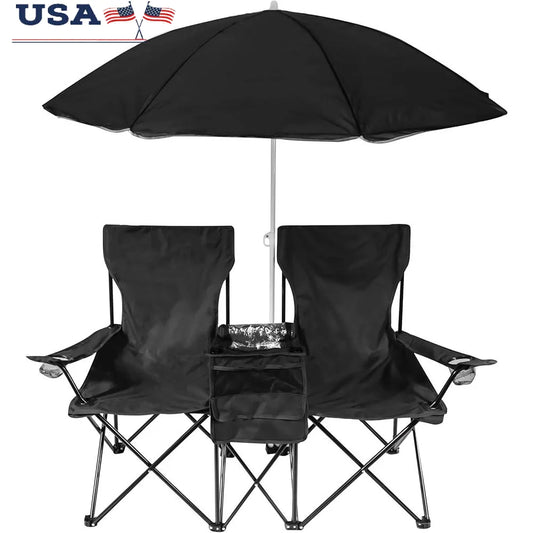 Double Folding Camp  Chair with Removable Umbrella, Cooler Bag
