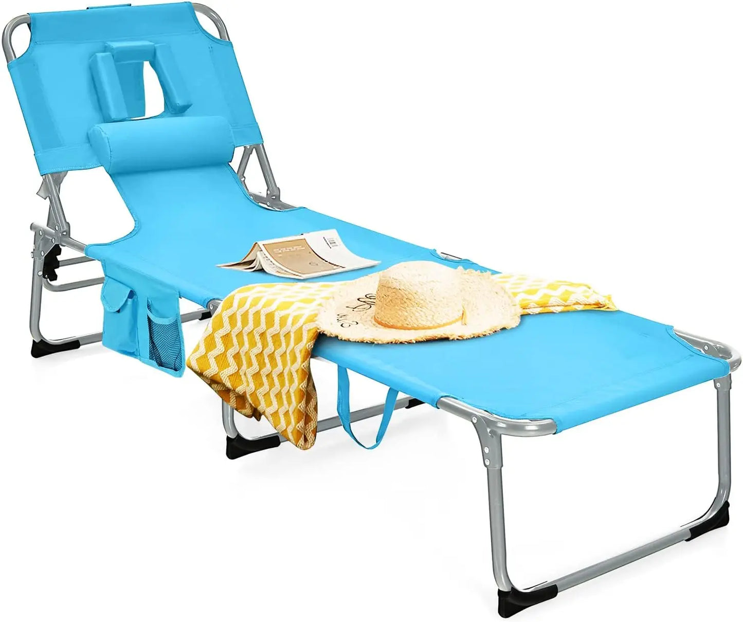 Beach Chaise Lounge Chair with Hole for Face, Patio Folding Adjustable Reclining Beach Sunbathing Chair with Side Pocket