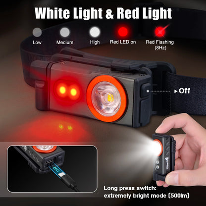 Powerful EDC Headlamp with Red Light USB C Rechargeable Portable Fishing Camping Headlamp