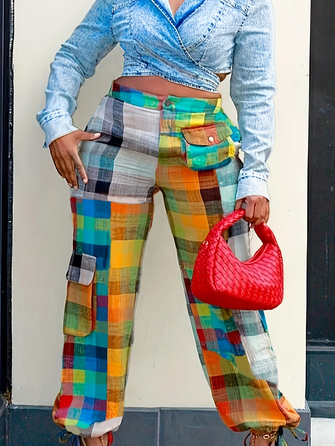 Street Contrast  Patchwork Pockets Button Zipper Loose High Waist Wide Leg Pants