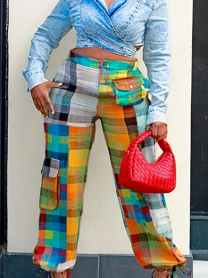 Street Contrast  Patchwork Pockets Button Zipper Loose High Waist Wide Leg Pants