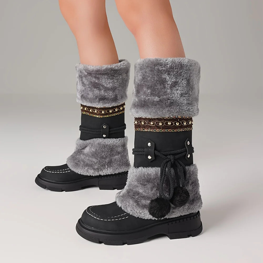 Winter Furry Knee High Snow Boots Platform Chunky Heels Warm Faux Fur Lining Pull On