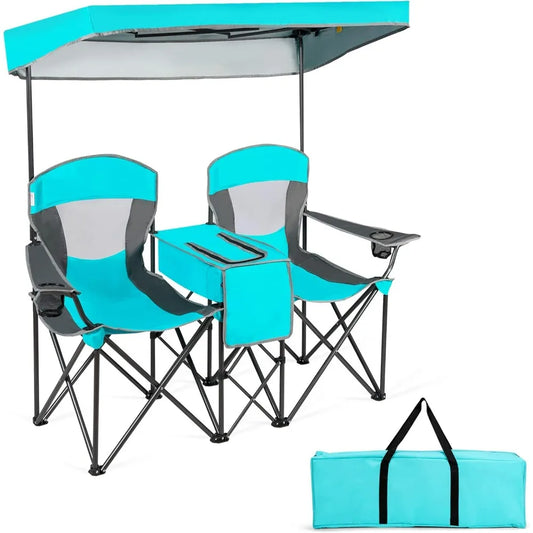 Camping Chair with Adjustable Shade Canopy, Cooler Bag, 2 Cup Holders, Carrying Bag