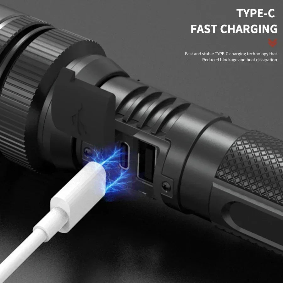 Powerful LED Flashlight With Zoom And Digital Display - Rechargeable Type-C